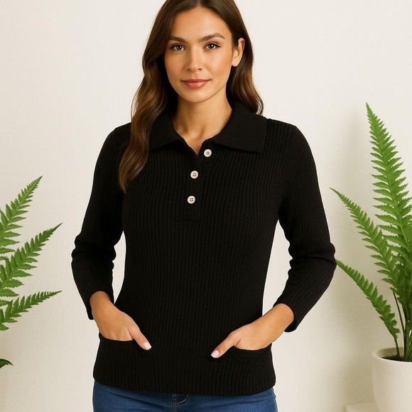 Lauren Jeans Co. Knit Tunic Sweater Collared 3 Button Pockets Black M Vintage - Picture 1 of 8